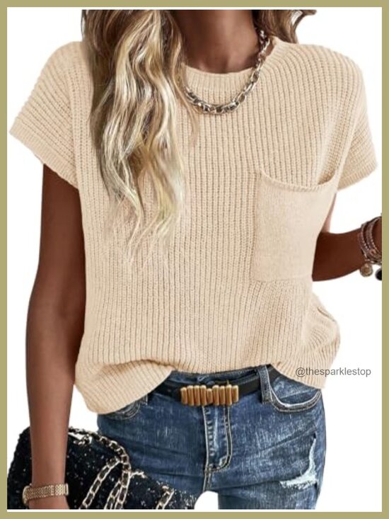 Sweaters - Women's Ribbed Knit Sweater Vest Short Sleeve Crew Neck Lightweight Pullover Top